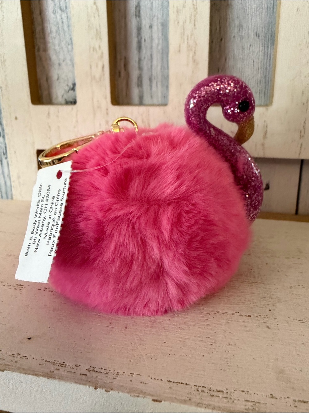 Bath & Body Works Pink Flamingo Fluff PomPom PocketBac Sanitizer Holder Keychain